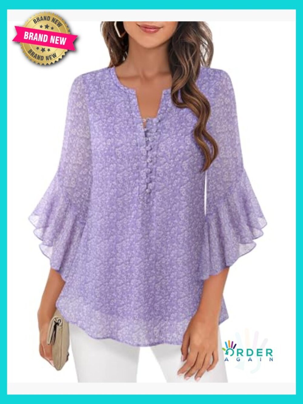 Floral V-Neck Button Down Blouse 3/4 Ruffle Sleeve Chic Casual Elegant Top - Picture 4 of 7